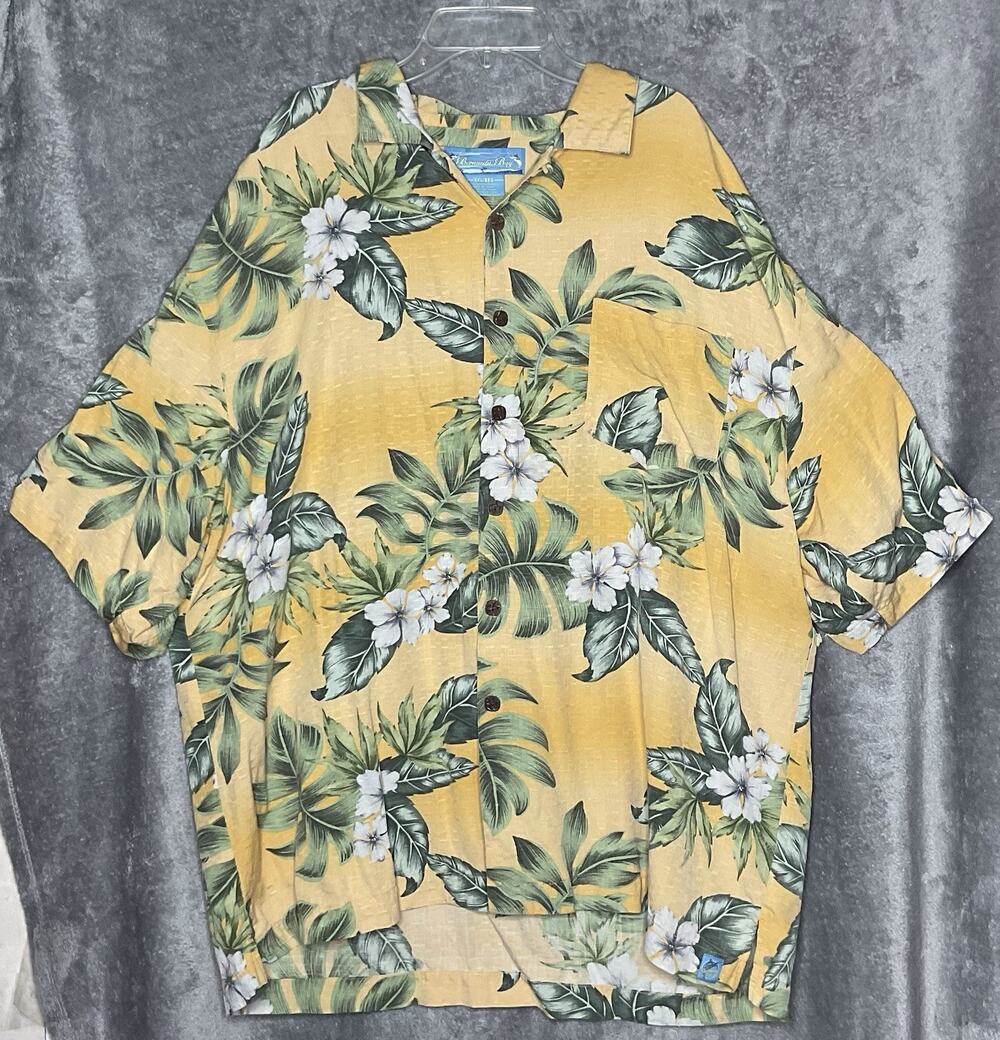 Bermuda Bay Mens XXL Yellow Hawaiian Shirt Tropical Floral Button Up Aloha Silk